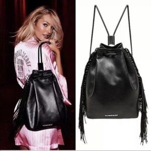 Victoria's Secret Black Faux Leather Fringe Drawstring Backpack Bag Purse Tote